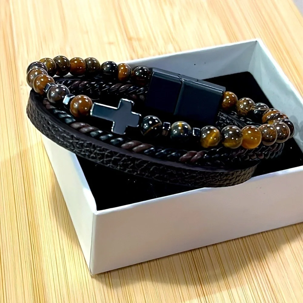 Brand New Men's Beaded Braided Leather Metal Cross Bracelet Magnetic Clasp